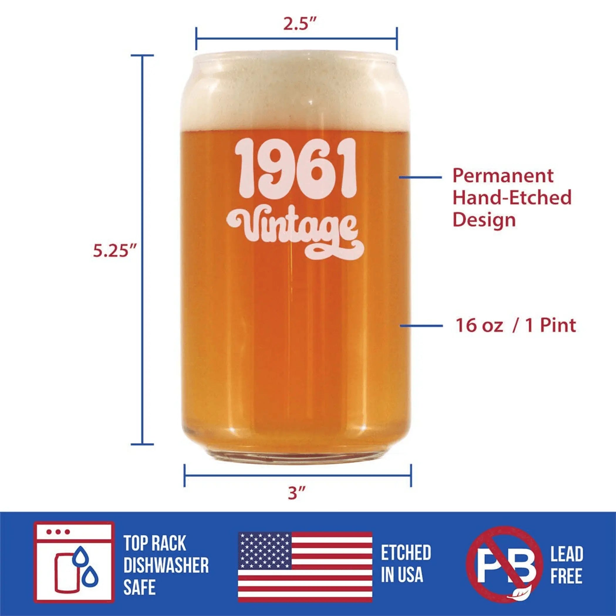 Vintage 1961 Beer Can Pint Glass - 63rd Birthday Gifts Bevvee