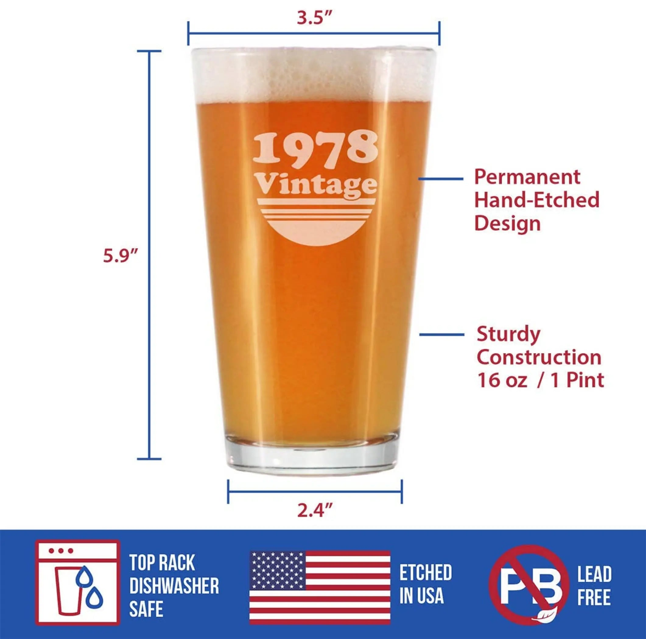 Vintage 1978 Pint Glass for Beer - 46th Birthday Gifts Bevvee