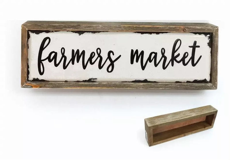 Vintage Farmers Market Wood Block Sign- Farmhouse Rustic Tabletop Decor- Weathered Wood Frame Enamel Finish- 12.2" W x 2" D x 3.8" H Paris Loft Inc