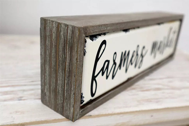 Vintage Farmers Market Wood Block Sign- Farmhouse Rustic Tabletop Decor- Weathered Wood Frame Enamel Finish- 12.2" W x 2" D x 3.8" H Paris Loft Inc