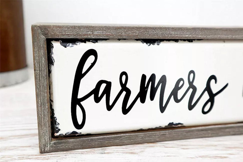 Vintage Farmers Market Wood Block Sign- Farmhouse Rustic Tabletop Decor- Weathered Wood Frame Enamel Finish- 12.2" W x 2" D x 3.8" H Paris Loft Inc