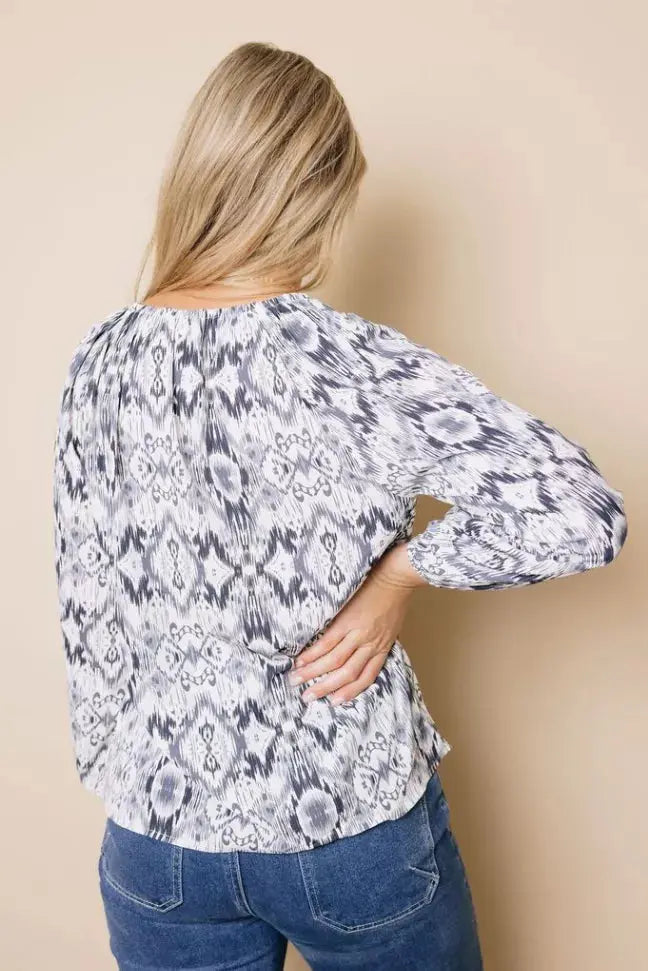 Vintage Print Split Neck Blouse Stay Warm in Style