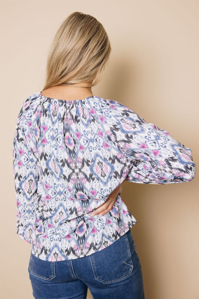 Vintage Print Split Neck Blouse Stay Warm in Style
