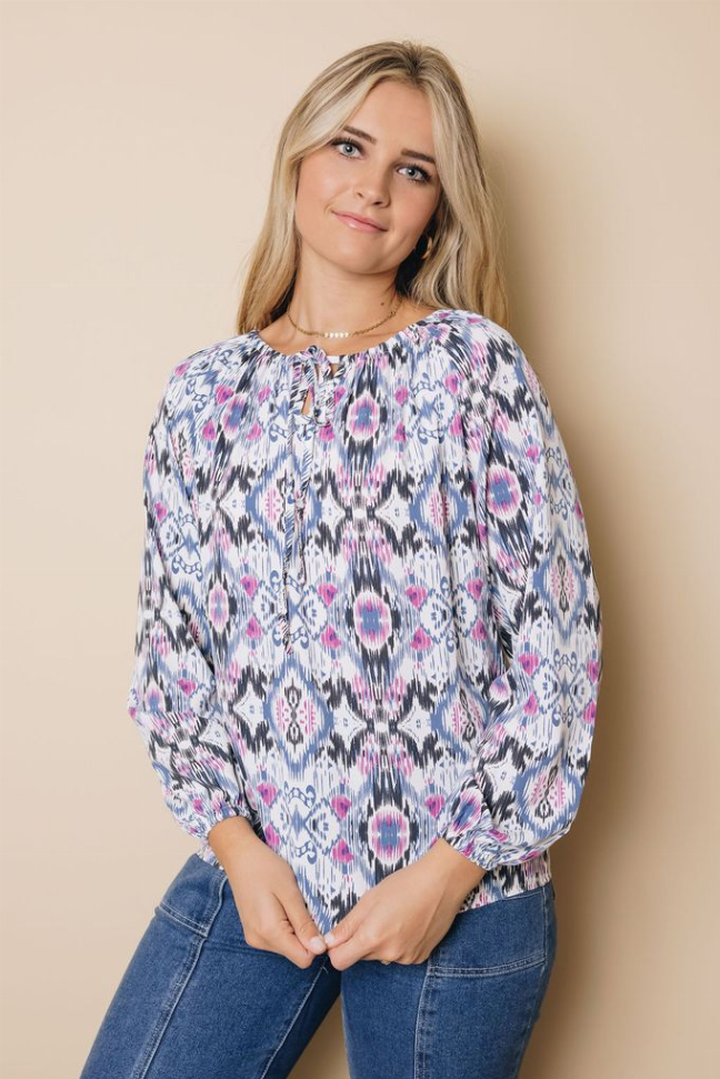 Vintage Print Split Neck Blouse Stay Warm in Style