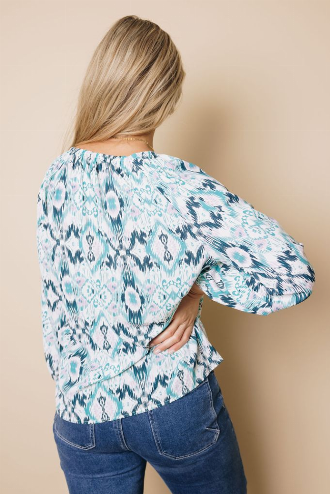Vintage Print Split Neck Blouse Stay Warm in Style