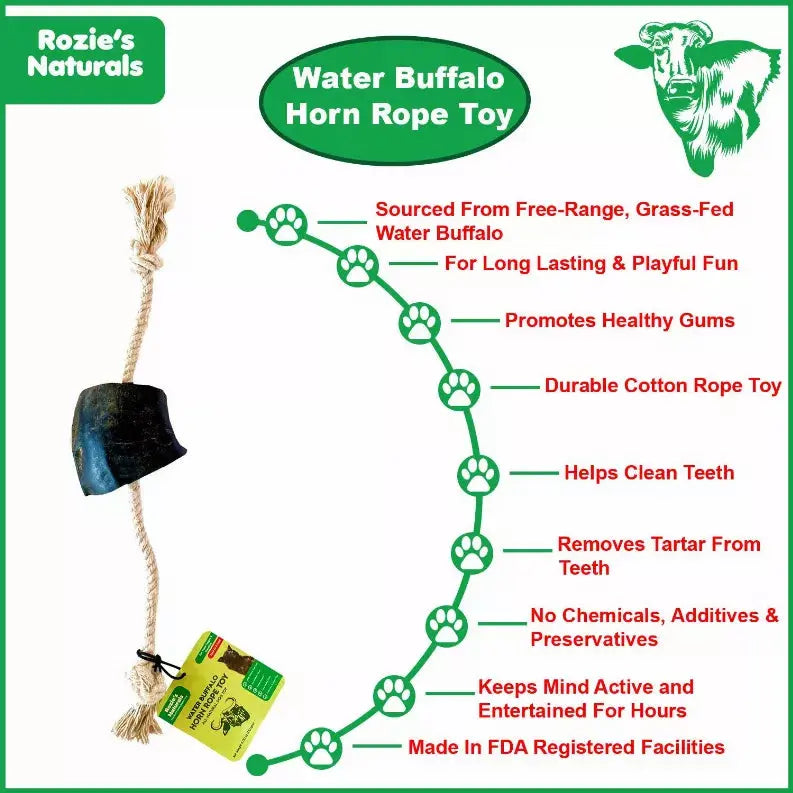 WATER BUFFALO HORN ROPE TUG TOY-100% Cotton Rope 14", Long-Lasting, Natural Dog Treat & Chews, Dog Dental Chew Toy-2 COUNT-10 oz Rozie's Pet Supply