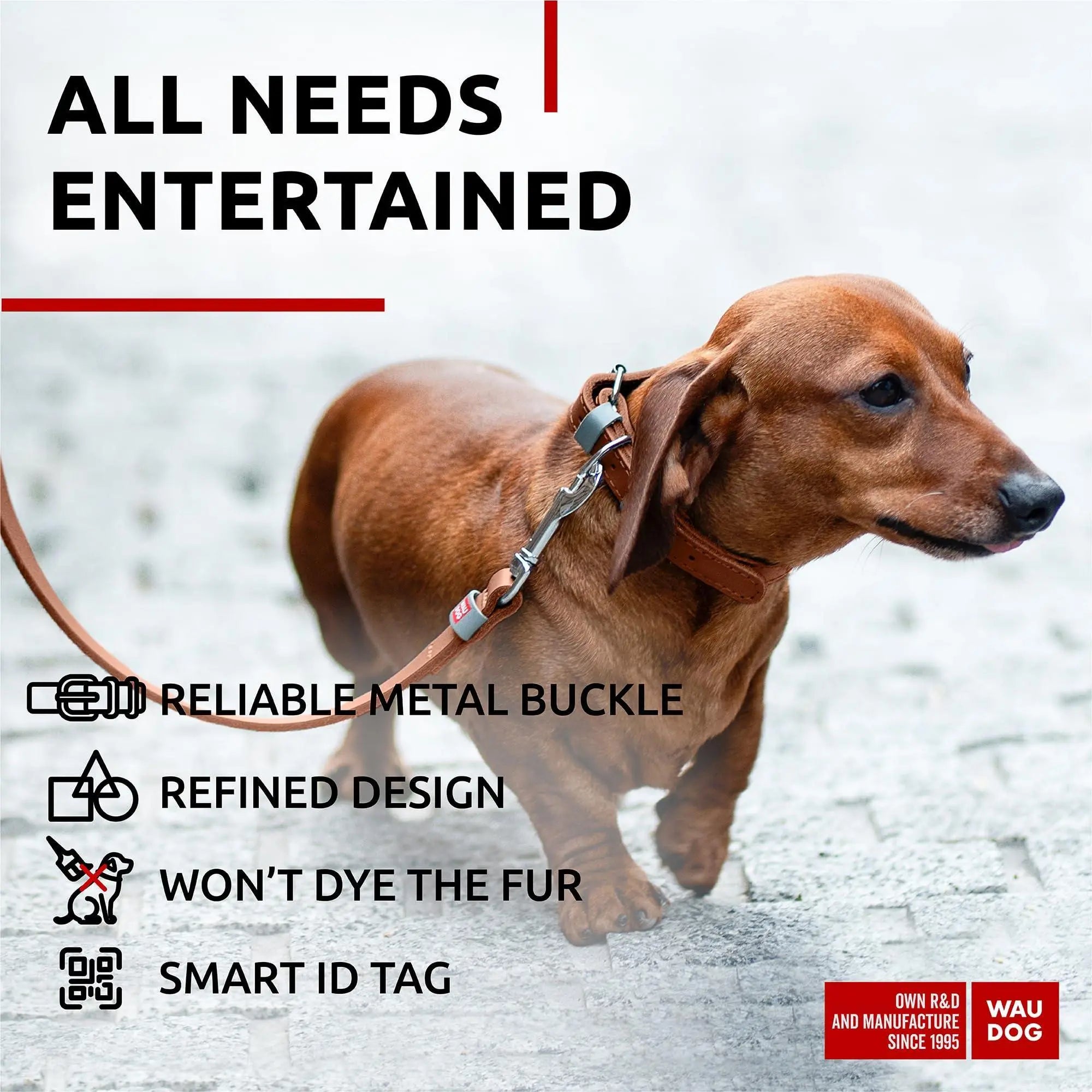 WAUDOG Long Lasting Leather Dog Collar for Large Dogs Medium & Small Dogs   Adjustable Classic Puppy Collars for Large Breed Dogs   Boy & Girl Dog Collars with Durable Buckle D Ring & QR Dog Tag Waudog