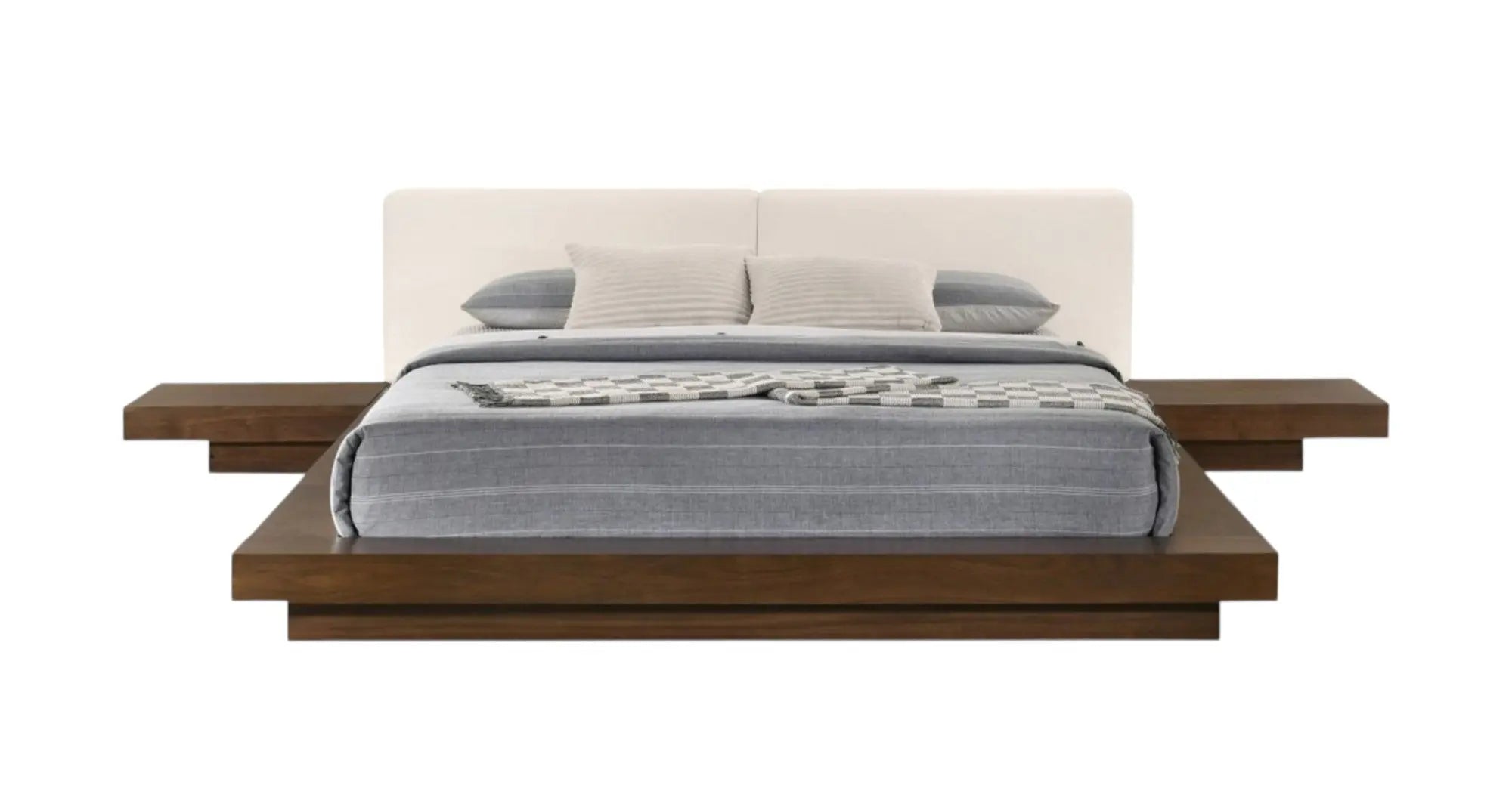 Walnut and White Wood And Faux Leather King Bed Frame With Attached Nightstands Homeroots Bed & Bath