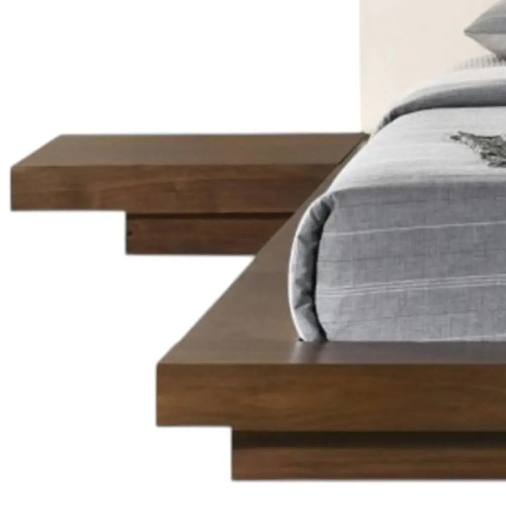 Walnut and White Wood And Faux Leather King Bed Frame With Attached Nightstands Homeroots Bed & Bath