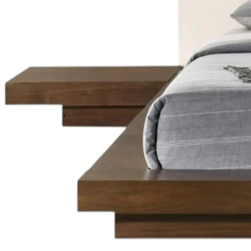 Walnut and White Wood And Faux Leather King Bed Frame With Attached Nightstands Homeroots Bed & Bath