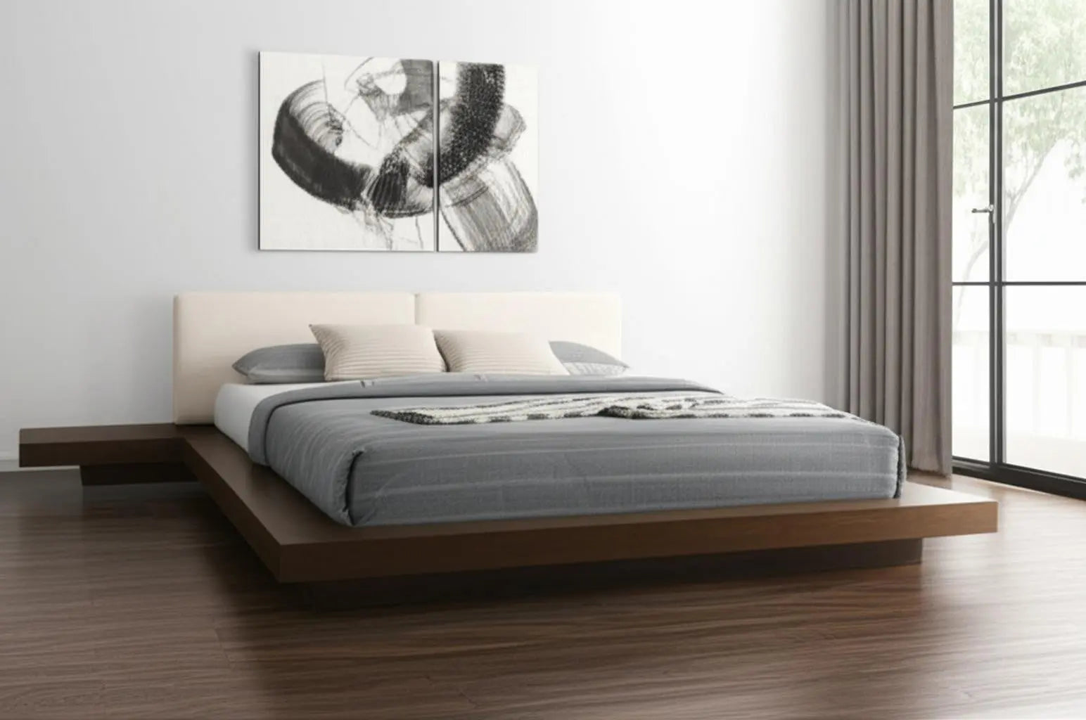Walnut and White Wood And Faux Leather King Bed Frame With Attached Nightstands Homeroots Bed & Bath