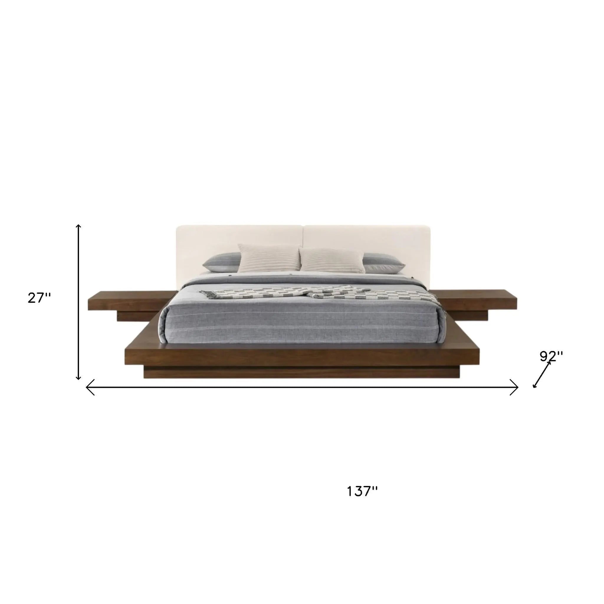 Walnut and White Wood And Faux Leather King Bed Frame With Attached Nightstands Homeroots Bed & Bath