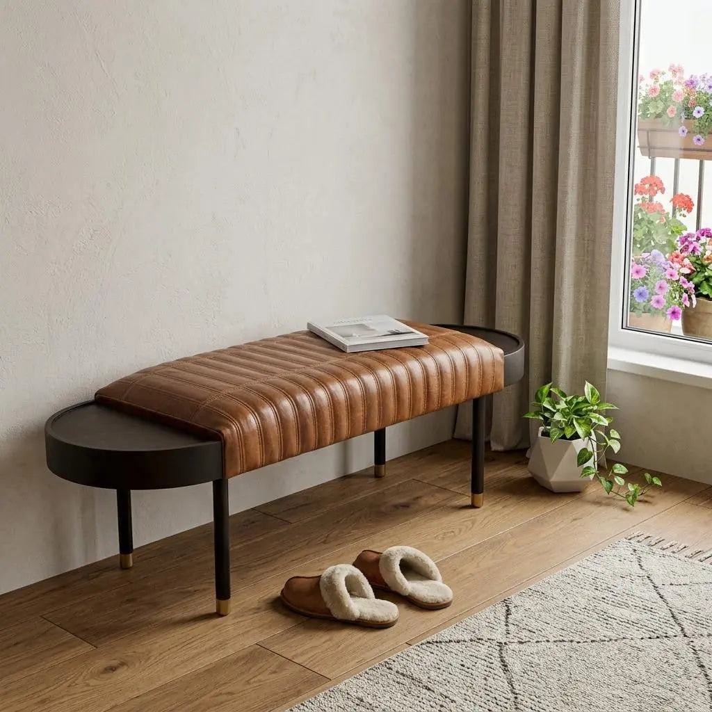 Warm Brown Leather And Solid Wood Bench Homeroots Living Room