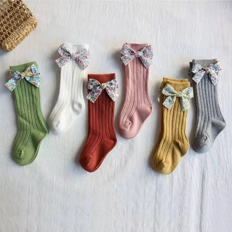 Warm Cotton And Polyamide Knee Socks With Side Floral Bow Pawsome Pet