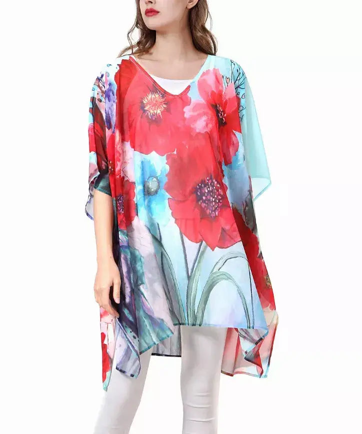 Watercolor Painting V-Neck Floral Tunic JC Sunny Fashion