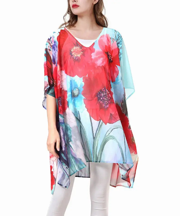 Watercolor Painting V-Neck Floral Tunic JC Sunny Fashion