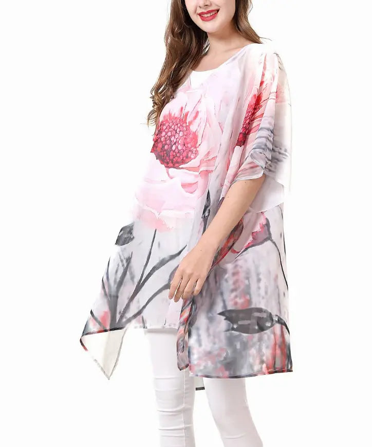 Watercolor Painting V-Neck Floral Tunic JC Sunny Fashion