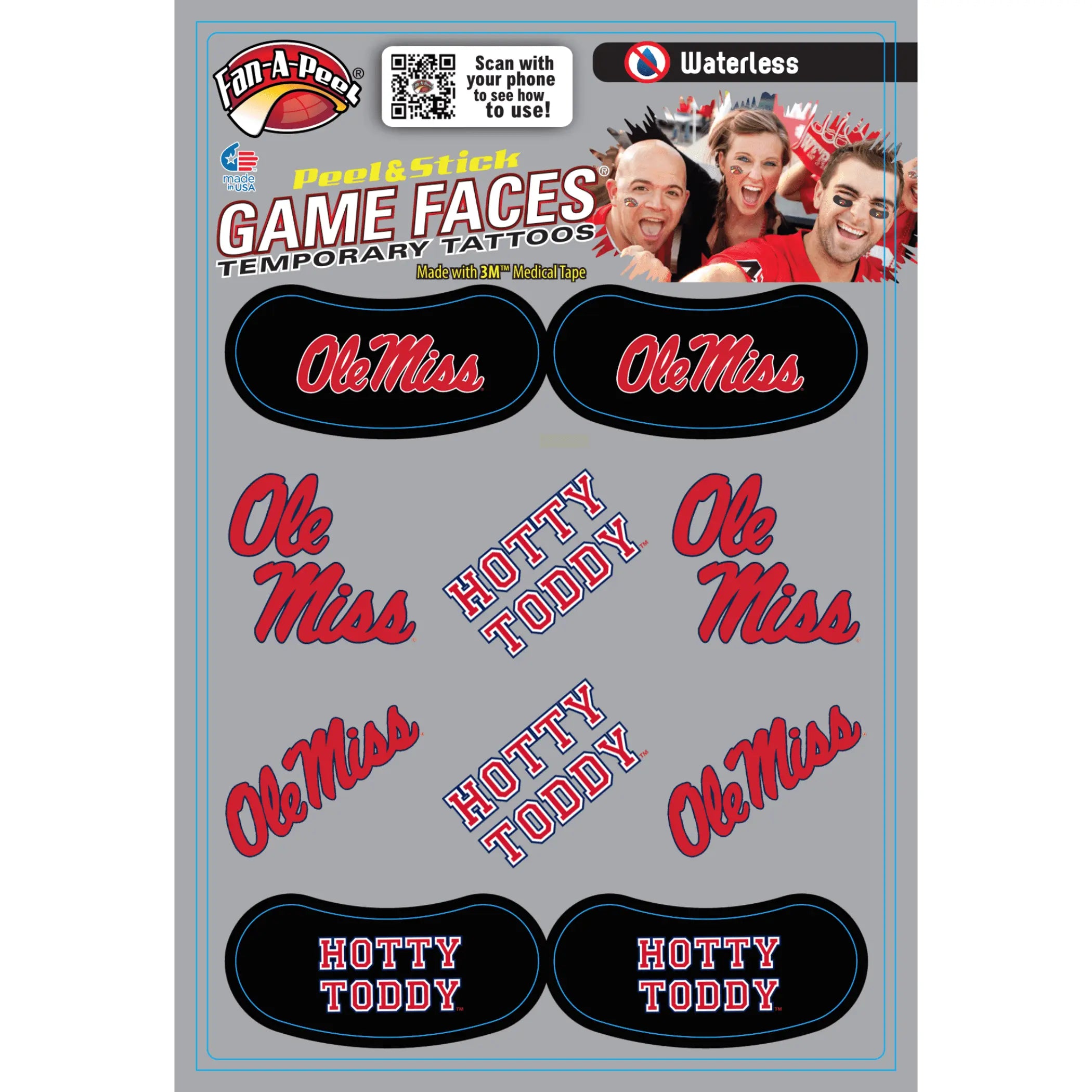 Waterless Peel & Stick Temporary Tattoos Fan-A-Peel / Gamesfaces Innovative Adhesives, LLC