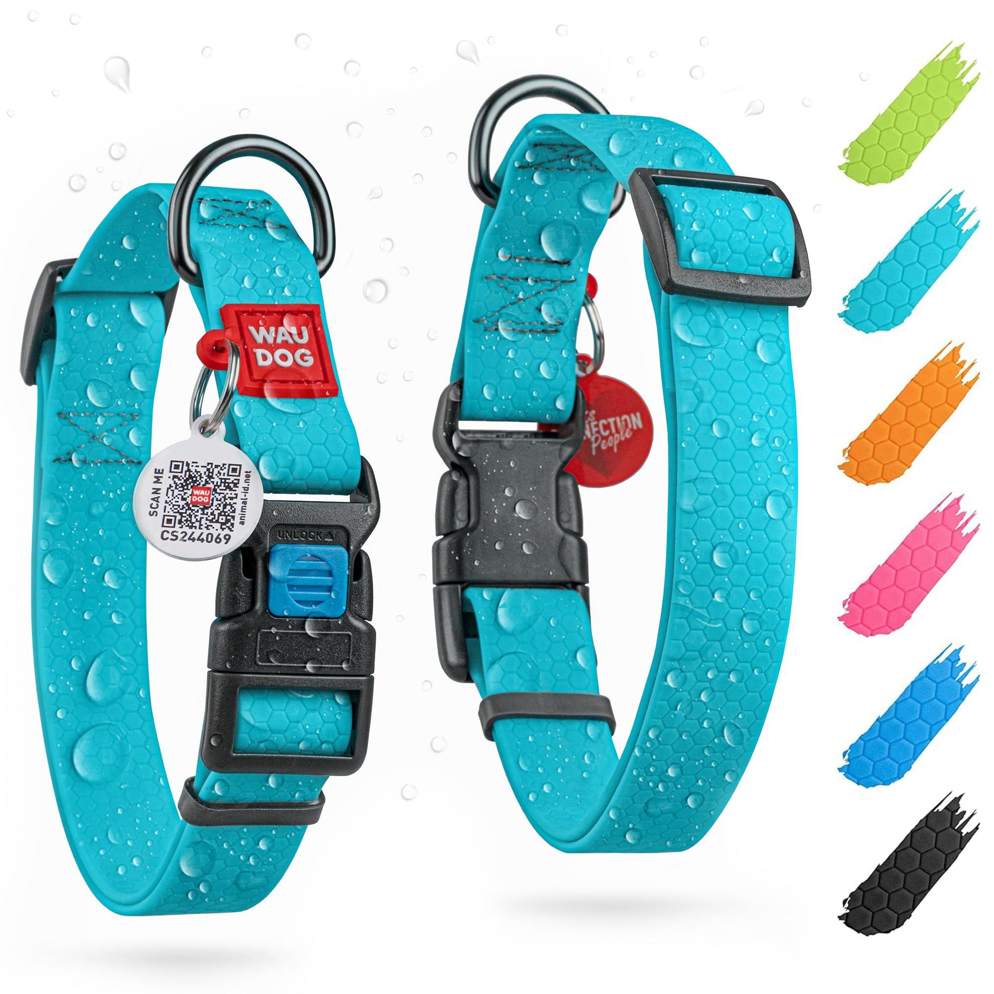 Waterproof Dog Collar   Heavy Duty Adjustable Durable Dog Collars for Small Medium Large Dogs   Red Blue Pink Mint Green Dog Collar   Safety Plus (11    15 1 2  Neck Glowing) Waudog