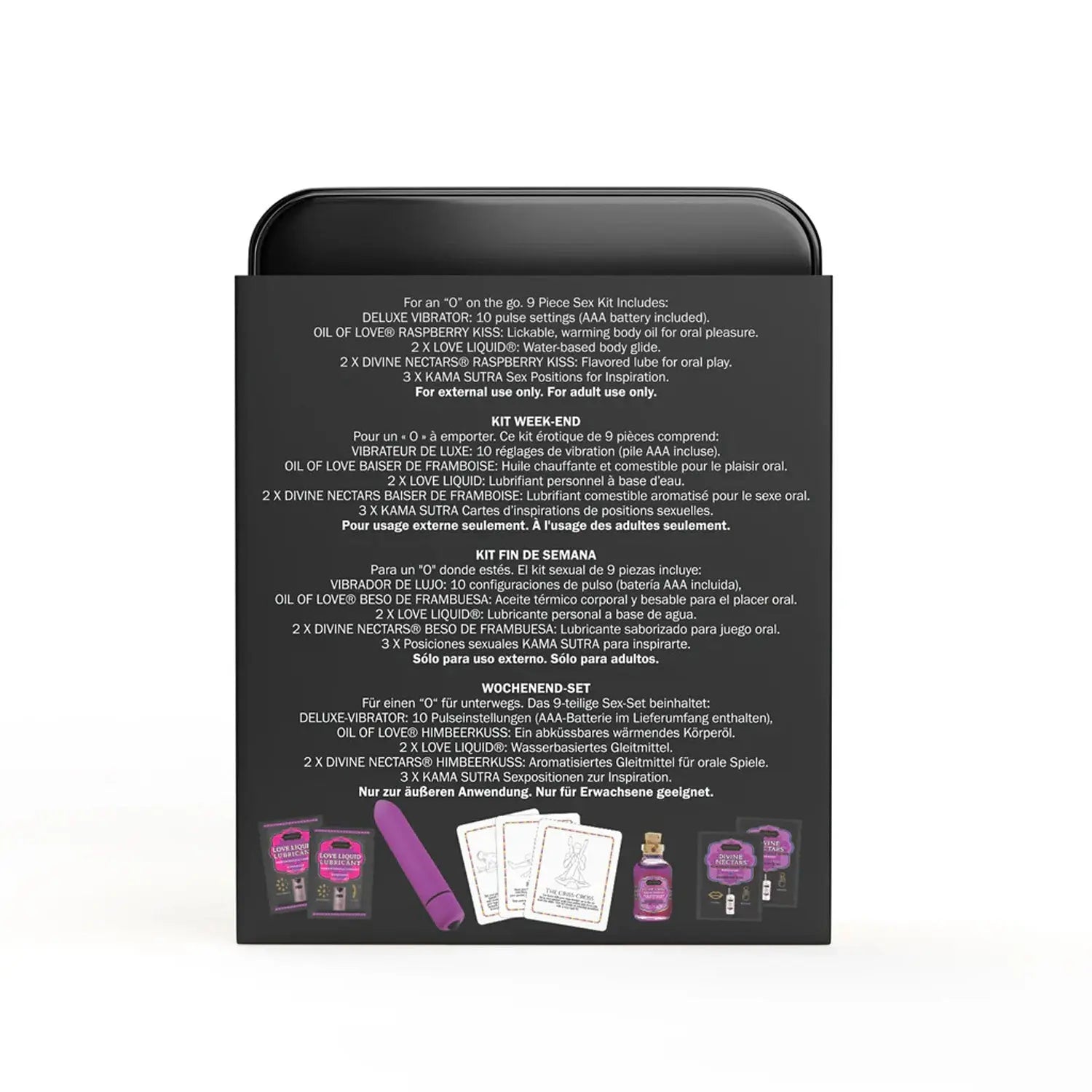 Back of the 10-piece Sea Kit featuring colorful packaging and a sleek black design, showcasing various beauty products.