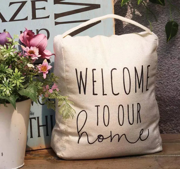 Welcome to Our Home Decorative Fabric Door Stopper with Handle- Fabric Weighted Floor Stop for Bedroom Living Room Exterior Doors- 7-7/8"W x 4-3/4"D x 9"H Paris Loft Inc