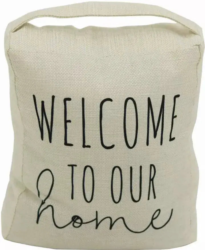 Welcome to Our Home Decorative Fabric Door Stopper with Handle- Fabric Weighted Floor Stop for Bedroom Living Room Exterior Doors- 7-7/8"W x 4-3/4"D x 9"H Paris Loft Inc