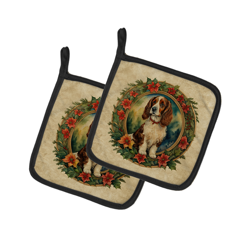 Welsh Springer Spaniel Christmas Flowers Pair of Pot Holders Caroline's Treasures