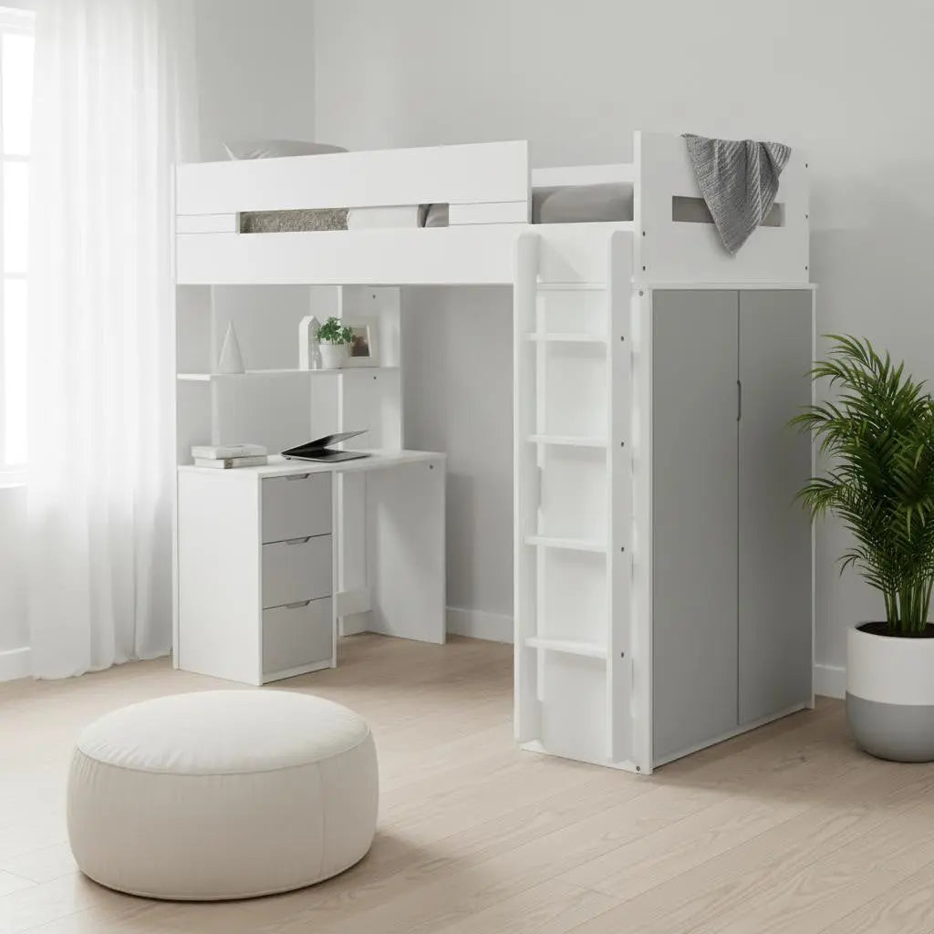 White And Gray Twin Loft Bed And Desk Homeroots Bed & Bath