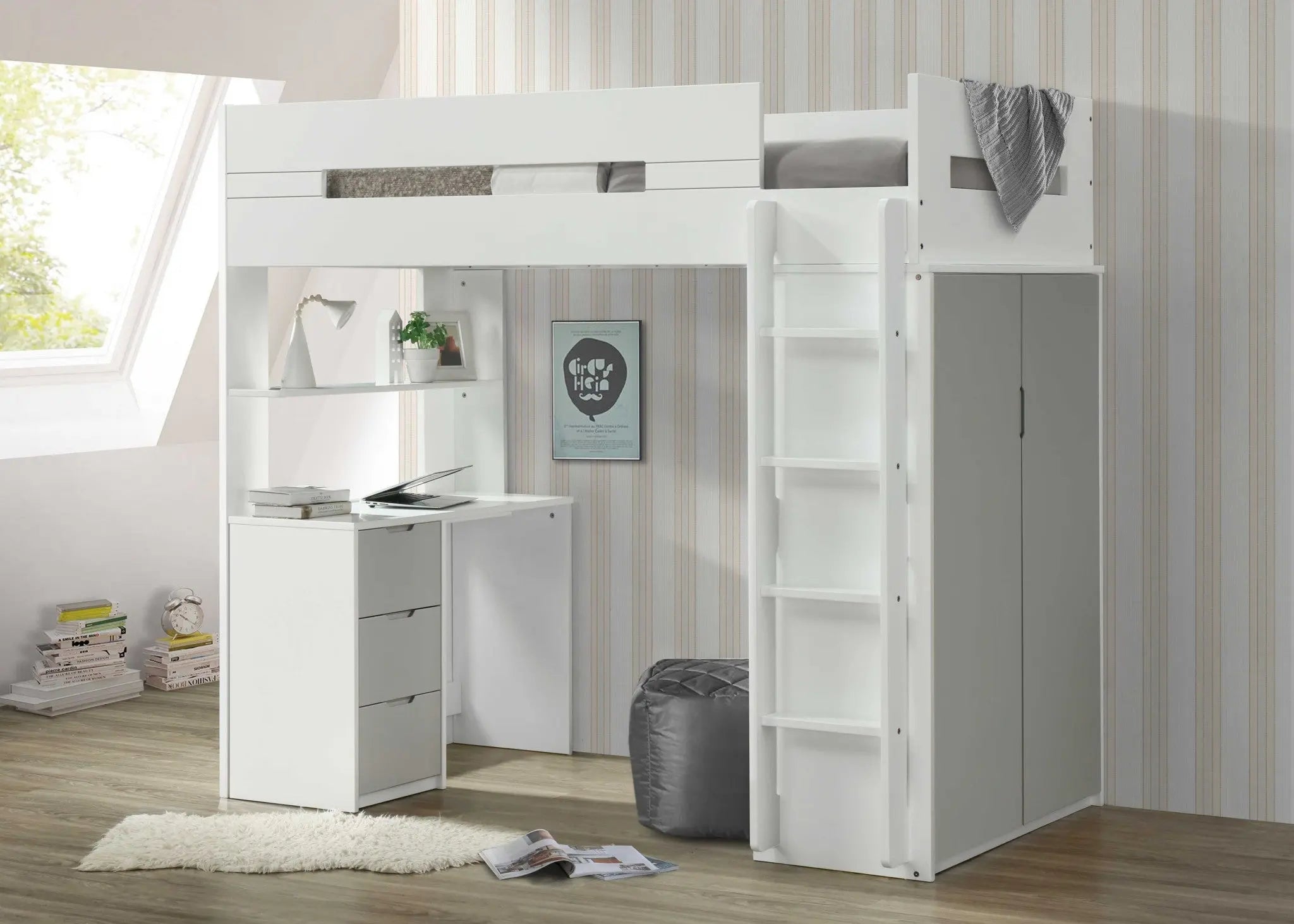 White And Gray Twin Loft Bed And Desk Homeroots Bed & Bath