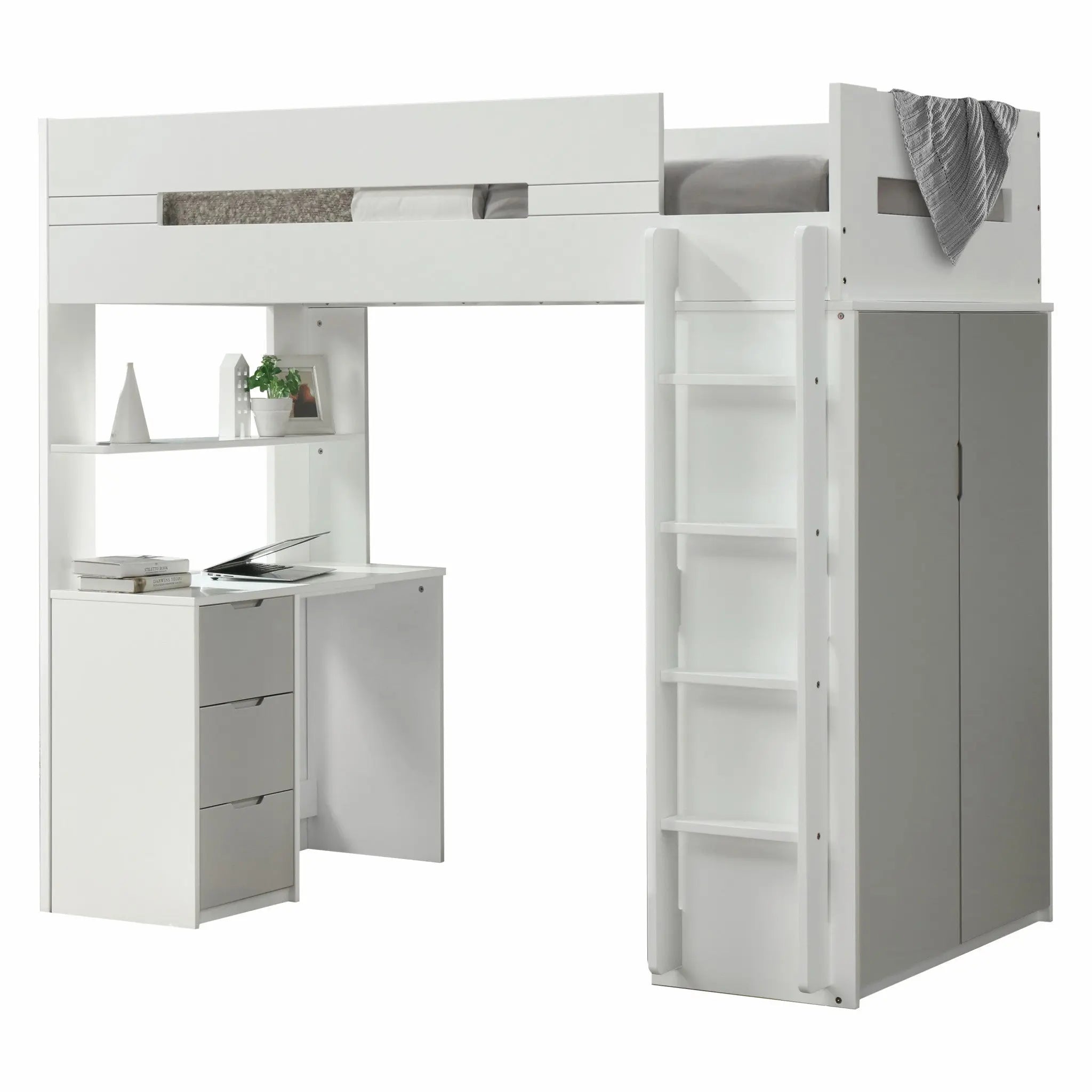 White And Gray Twin Loft Bed And Desk Homeroots Bed & Bath