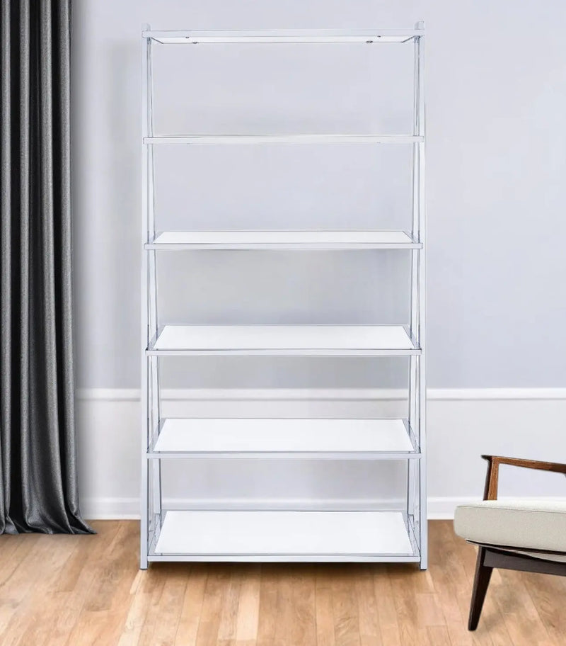White And Silver Metal and Glass Five Tier Ladder Bookcase Homeroots Office