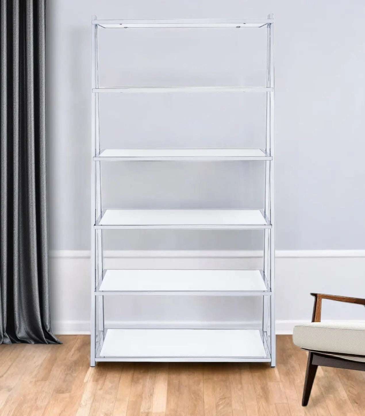 White And Silver Metal and Glass Five Tier Ladder Bookcase Homeroots Office