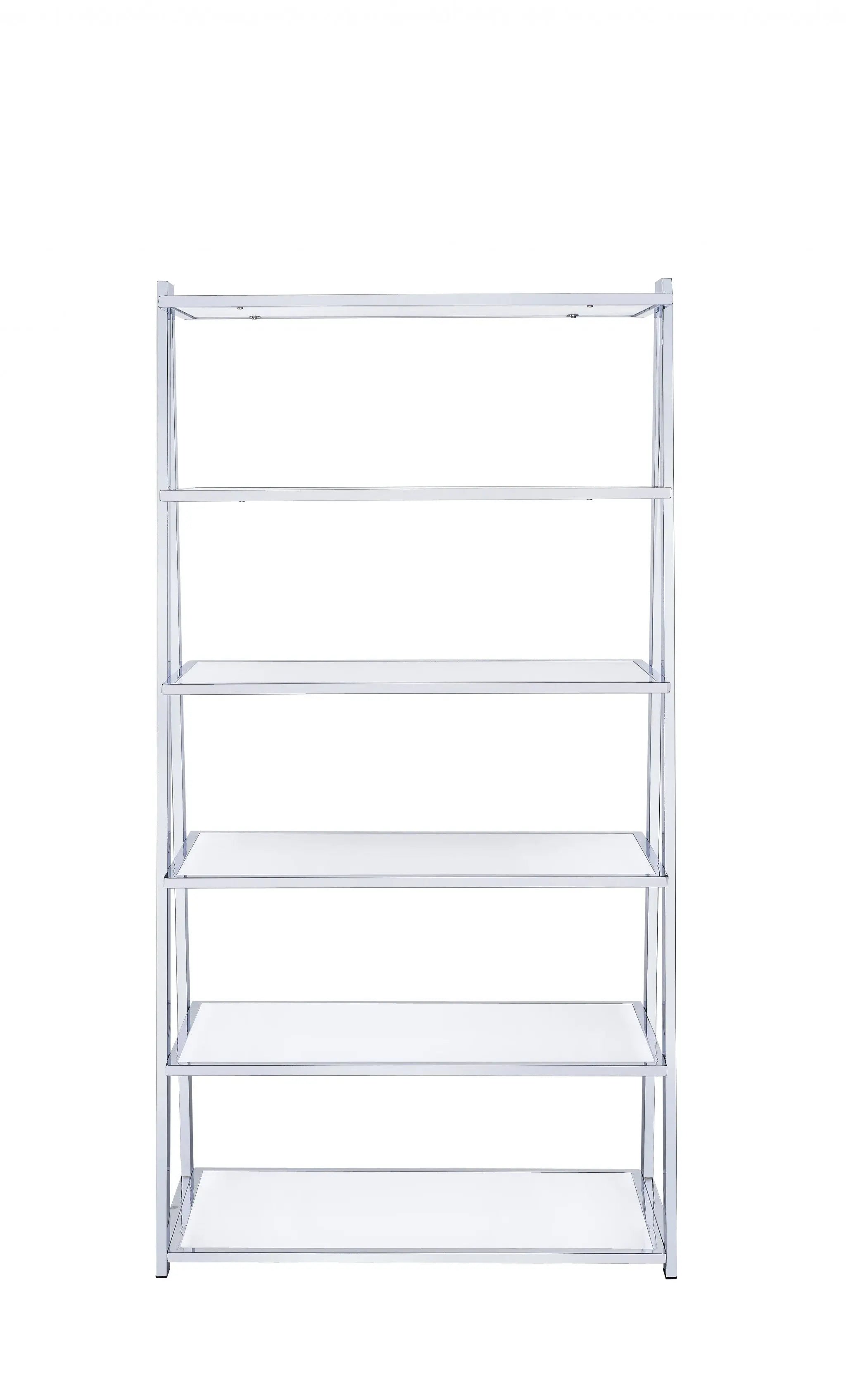 White And Silver Metal and Glass Five Tier Ladder Bookcase Homeroots Office