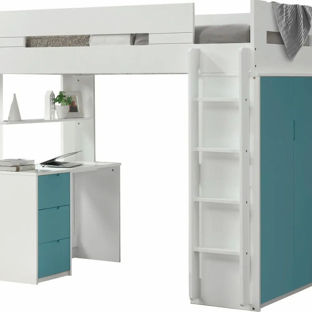 White And Teal Twin Loft Bed And Desk Homeroots Bed & Bath