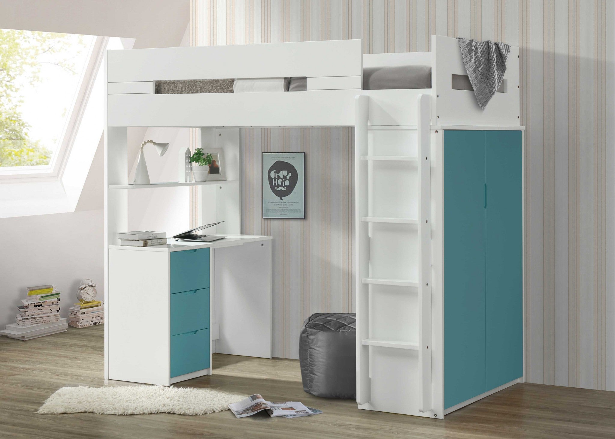 White And Teal Twin Loft Bed And Desk Homeroots Bed & Bath
