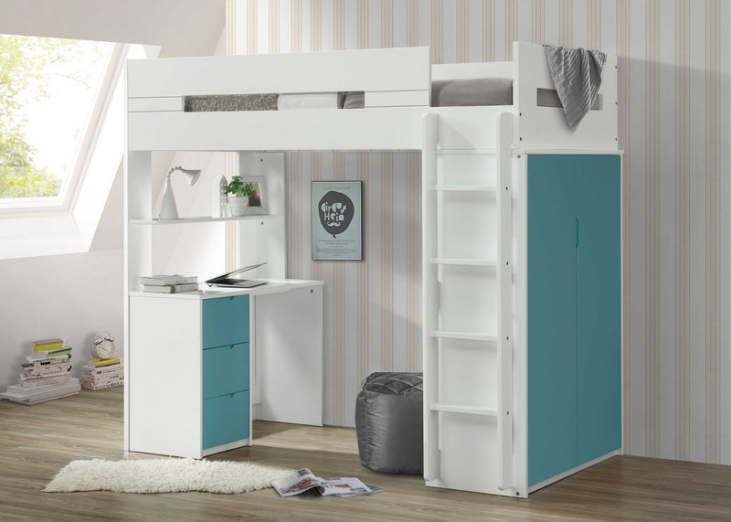 White And Teal Twin Loft Bed And Desk Homeroots Bed & Bath