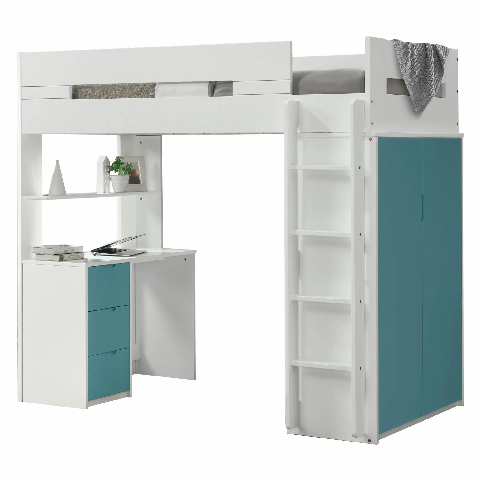White And Teal Twin Loft Bed And Desk Homeroots Bed & Bath