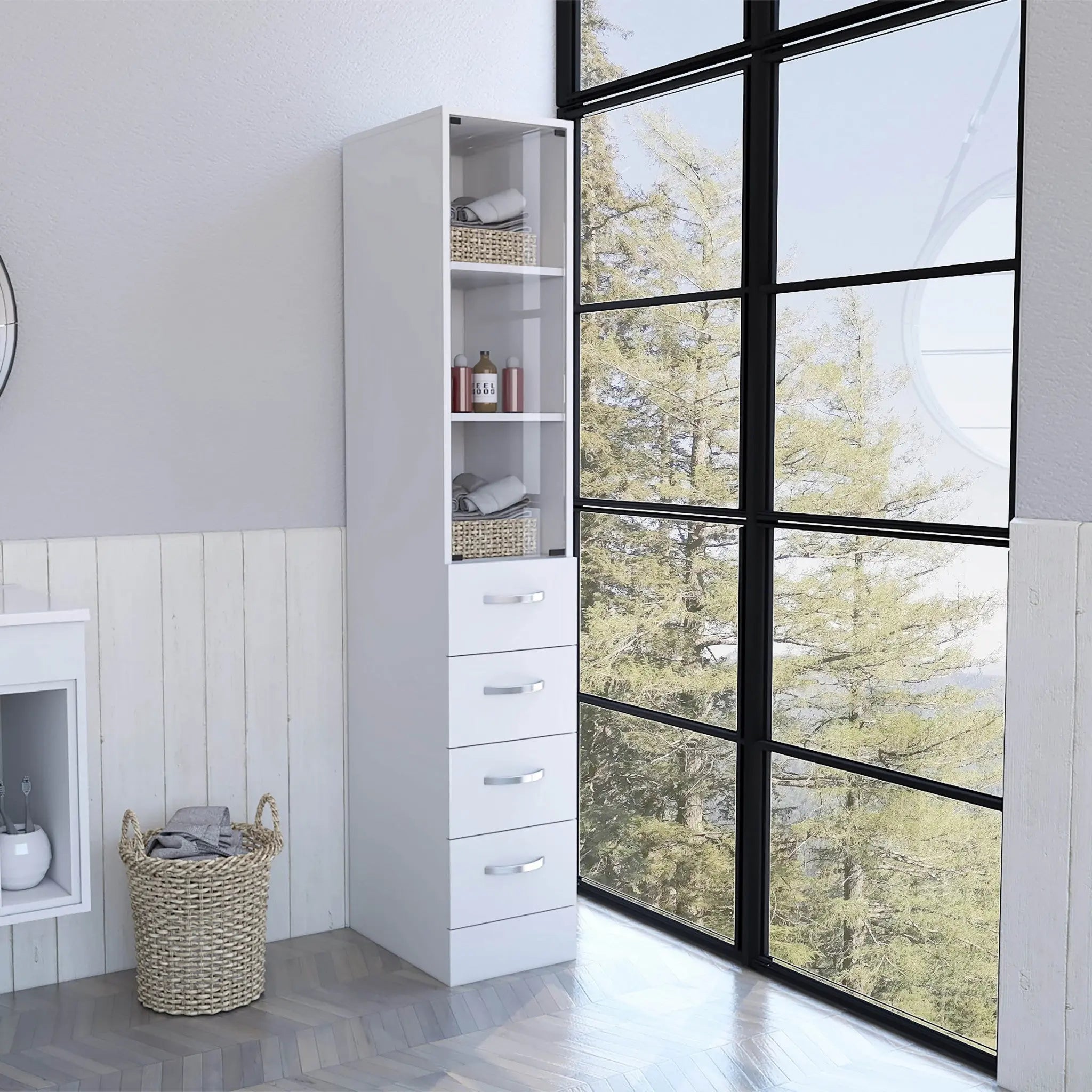 White Bathroom Storage Cabinet with Glass Door and Sliding Drawers Homeroots Kitchen & Dining