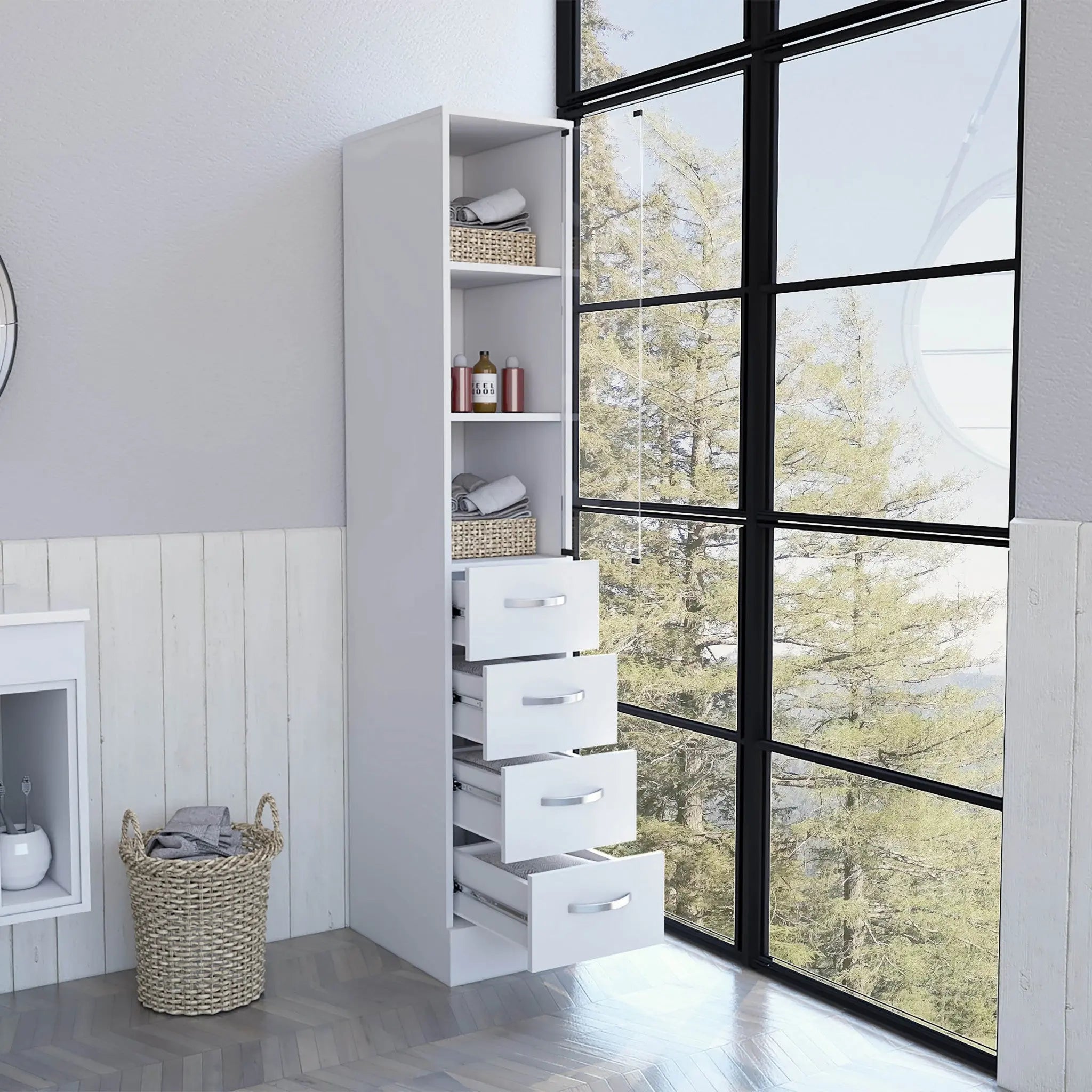 White Bathroom Storage Cabinet with Glass Door and Sliding Drawers Homeroots Kitchen & Dining