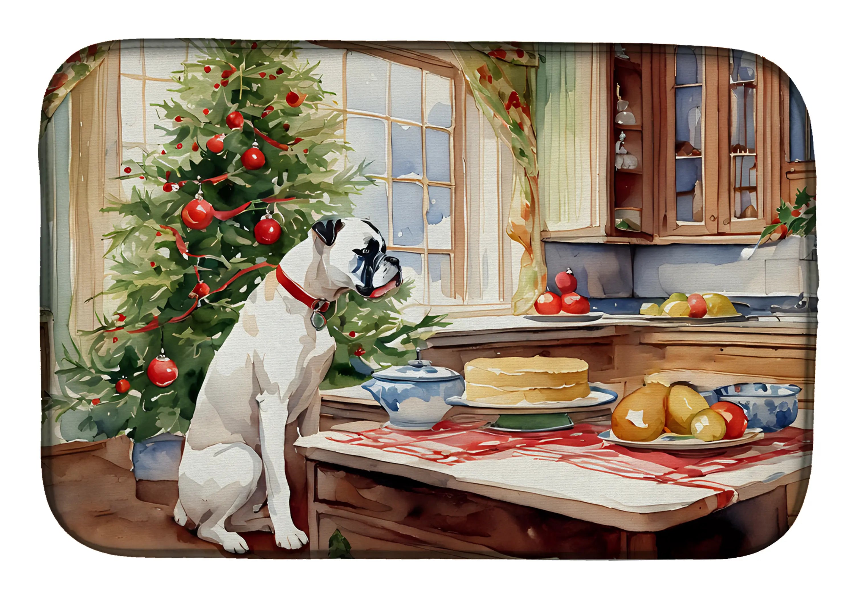 White Boxer Christmas Cookies Dish Drying Mat Caroline's Treasures
