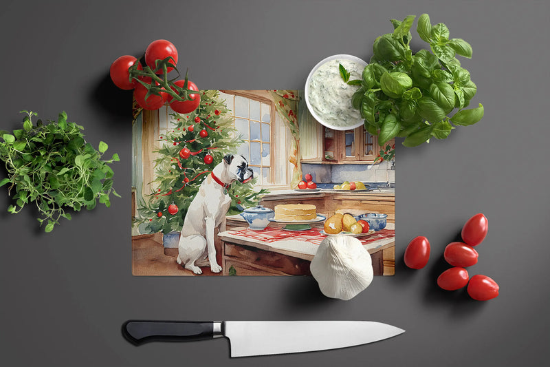White Boxer Christmas Cookies Glass Cutting Board Caroline's Treasures