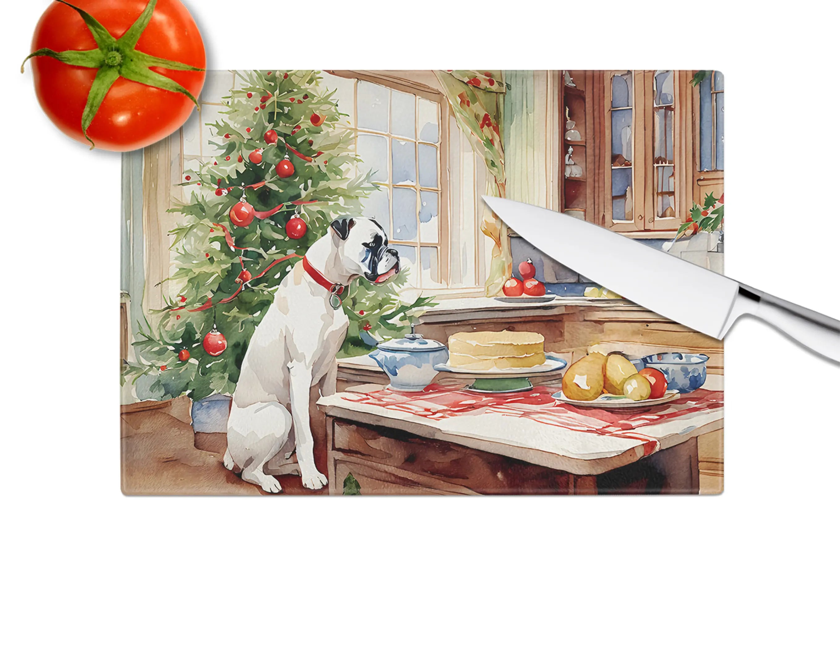 White Boxer Christmas Cookies Glass Cutting Board Caroline's Treasures