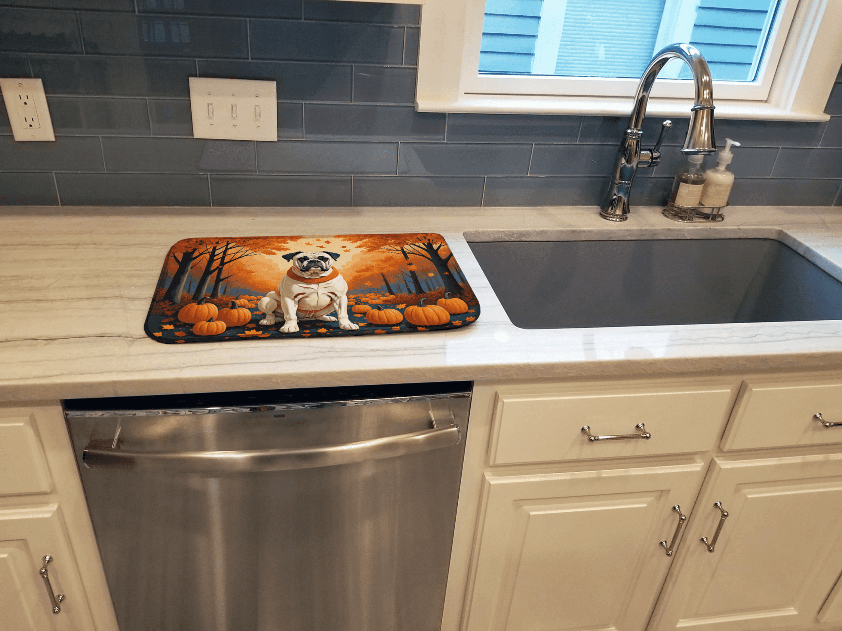 White Boxer Fall Dish Drying Mat Caroline's Treasures