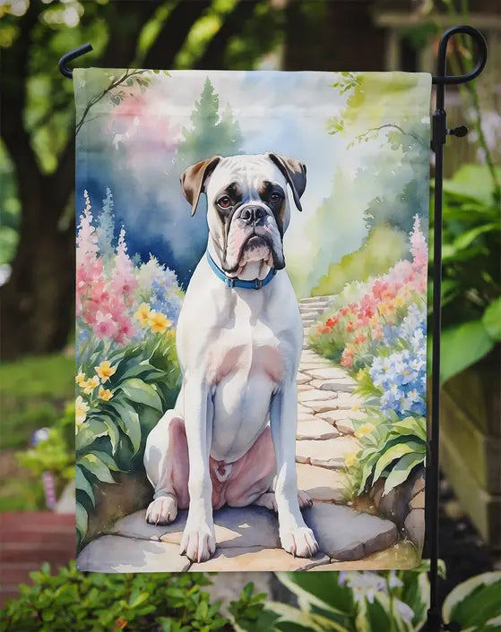 White Boxer Spring Path Garden Flag Caroline's Treasures