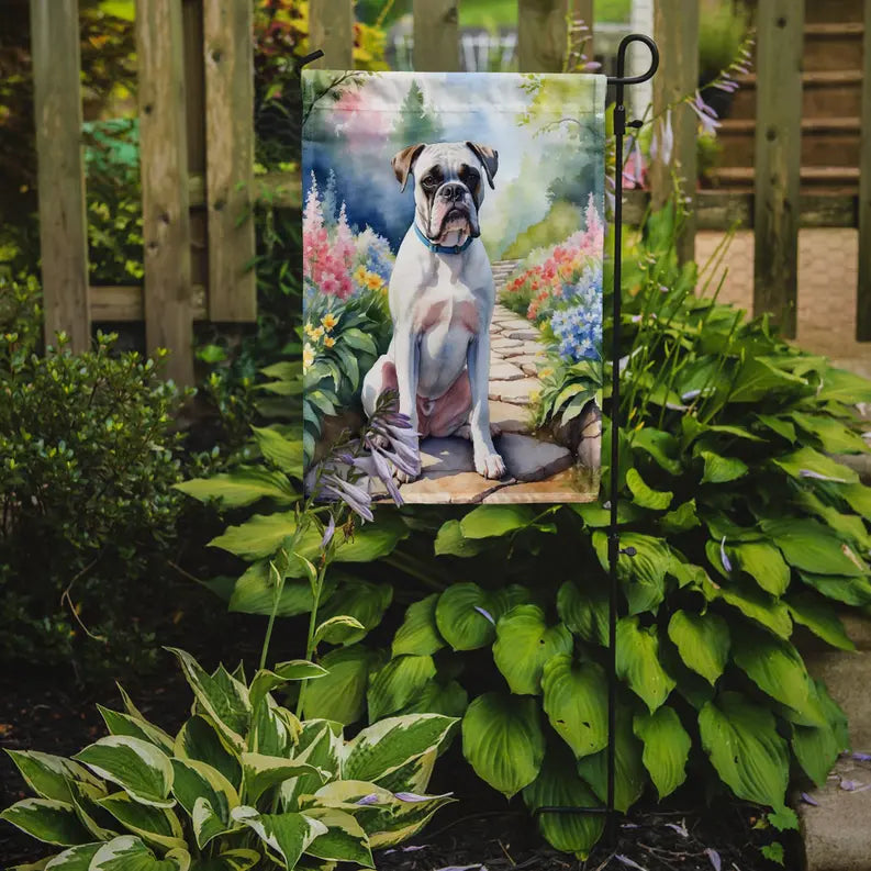 White Boxer Spring Path Garden Flag Caroline's Treasures