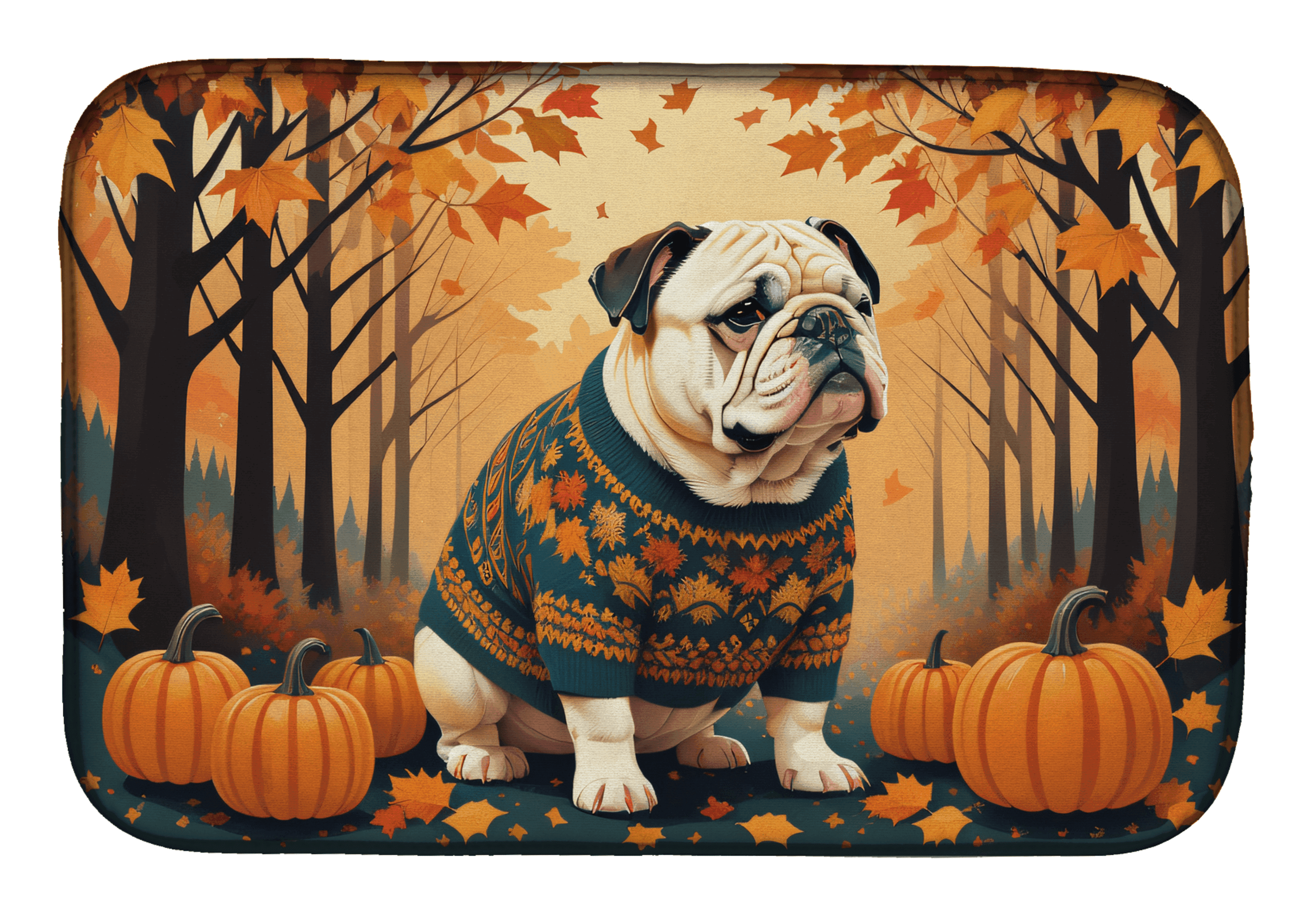 White English Bulldog Fall Dish Drying Mat Caroline's Treasures