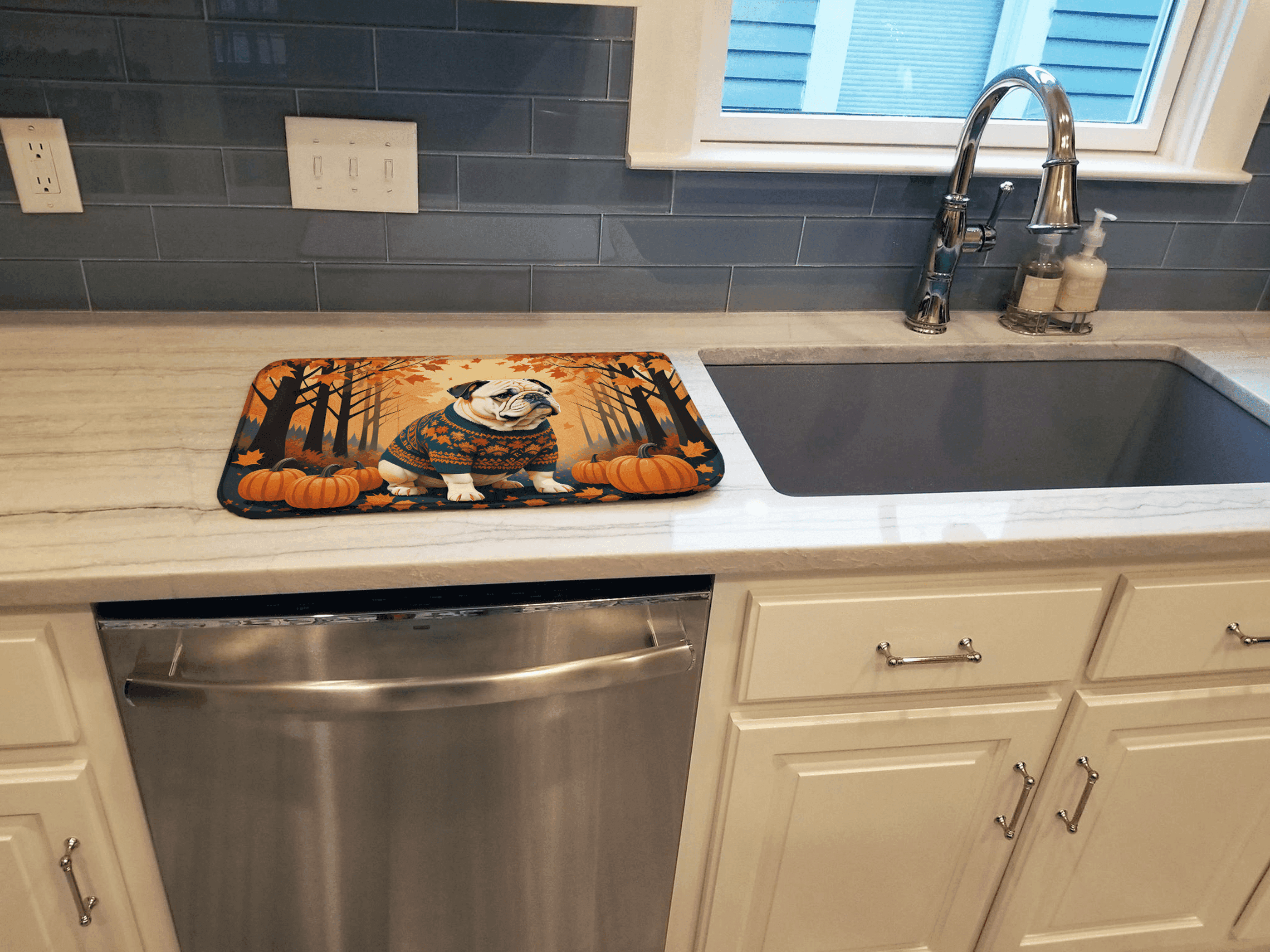 White English Bulldog Fall Dish Drying Mat Caroline's Treasures