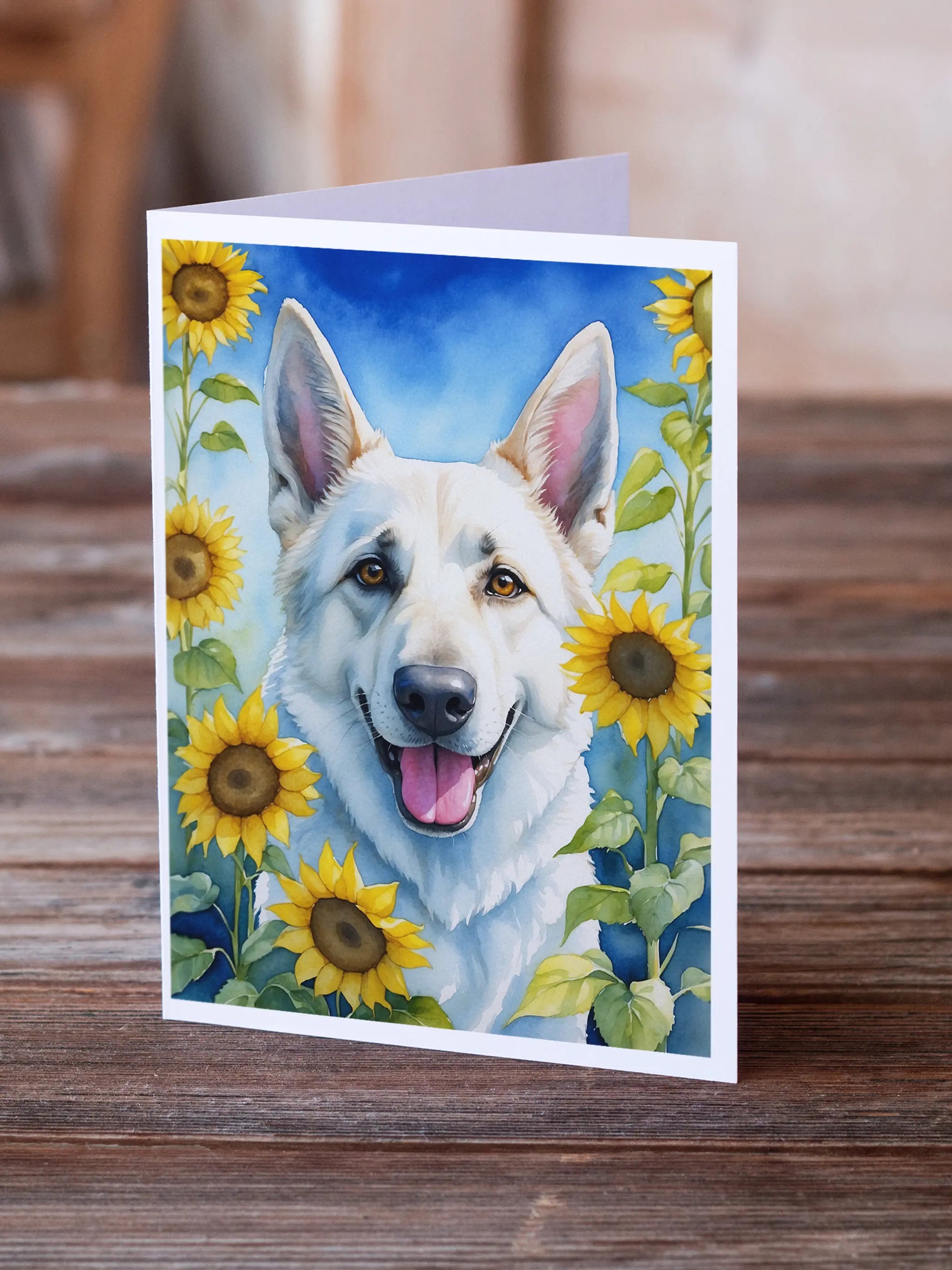 White German Shepherd in Sunflowers Greeting Cards Pack of 8 Caroline's Treasures