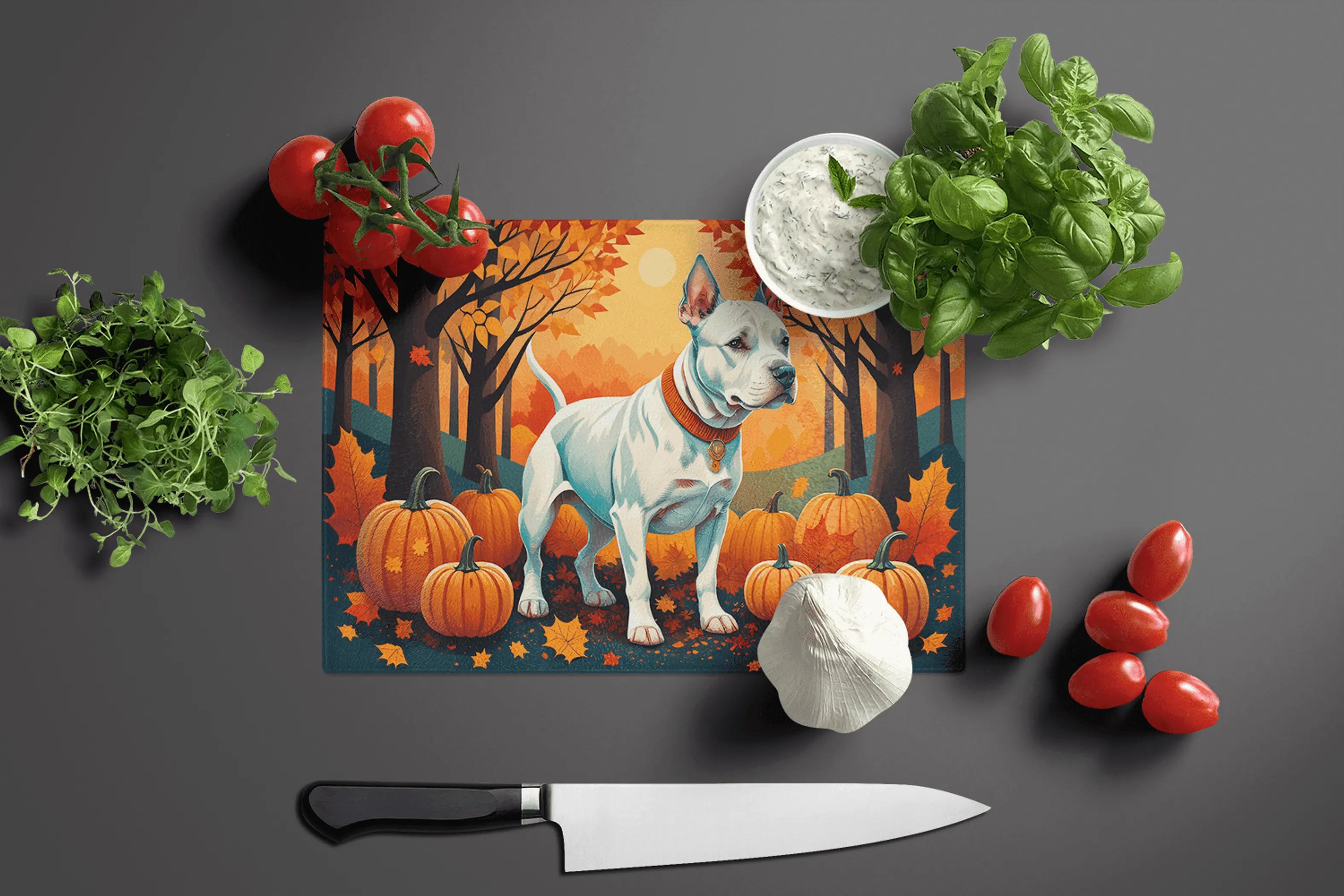 White Pit Bull Terrier Fall Glass Cutting Board Caroline's Treasures
