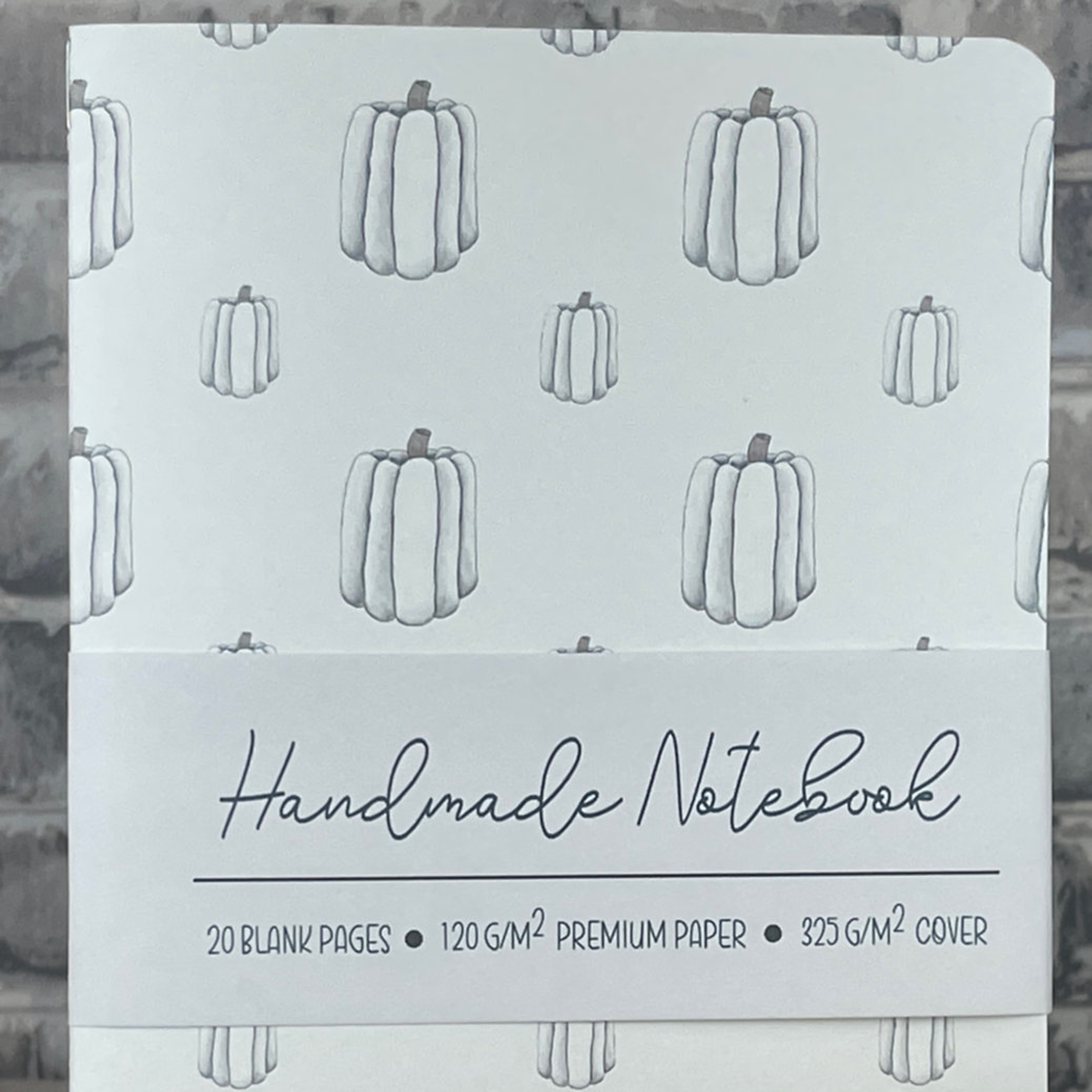 White Pumpkins Pattern - A5 ish size Handmade Saddle Bound Notebook Art by Erica H